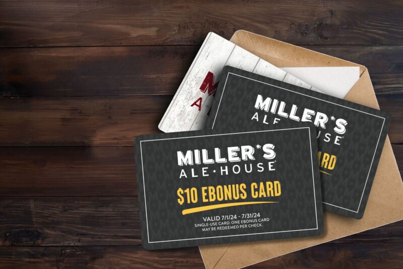 Envelope, Miller's Ale House Gift Card and two ebonus cards
