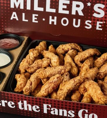 a large red miller's ale house branded box with boneless chicken tenders (zingers) and sauces inside