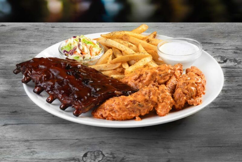 Half rack Barbecue Ribs, four Zingers® tossed in your choice of sauce, seasoned fries, coleslaw. Served with ranch