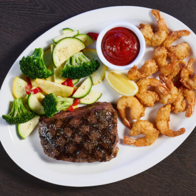 Flat Iron + Fried Shrimp